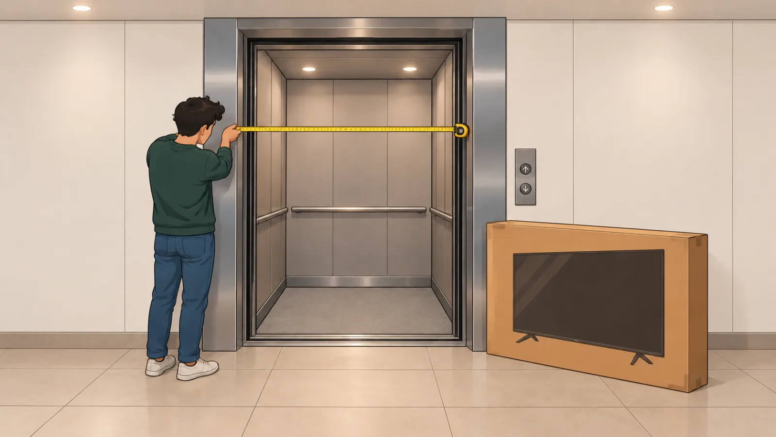A man measures the width of a lift opening with a tape measure while a boxed television leans against the wall beside it.