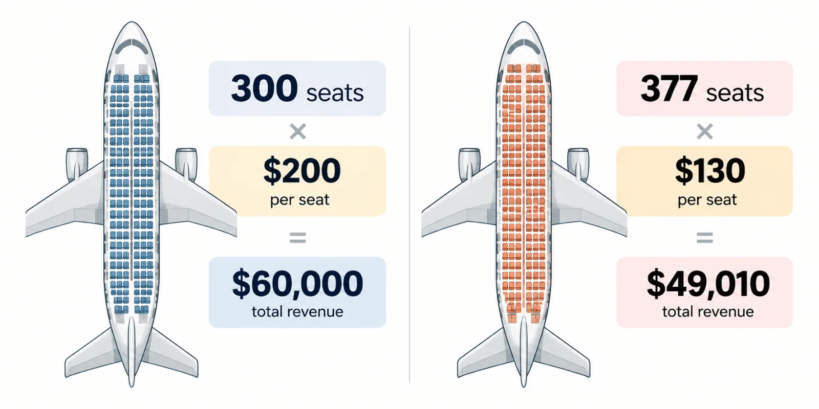 Two aircraft compared: 300 seats at $200 per seat earn $60,000, while 377 seats at $130 per seat earn $49,010.